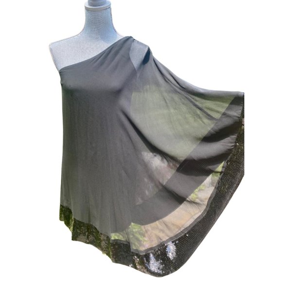 JB by Julie Brown Silk and Sequin Black One Shoulder Cape Dress Size 0 - Picture 15 of 15